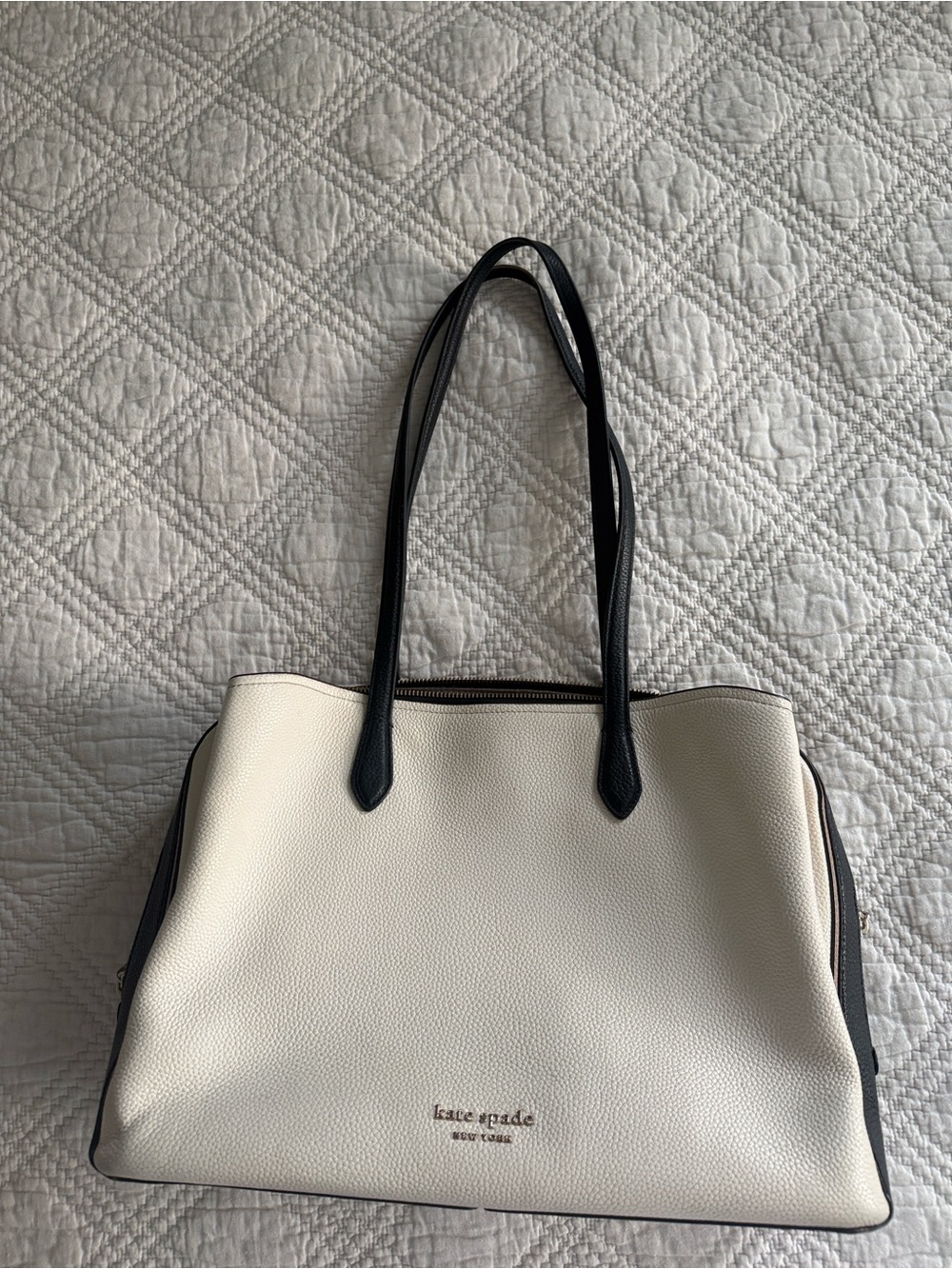 Kate Spade Hudson Colorblocked Large Work Tote Two-Tone Leather Tote Bag Cream - Picture 6 of 17